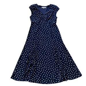 Evan Picone Polka Dot Jersey Midi Dress Size 10 Classic Navy White
